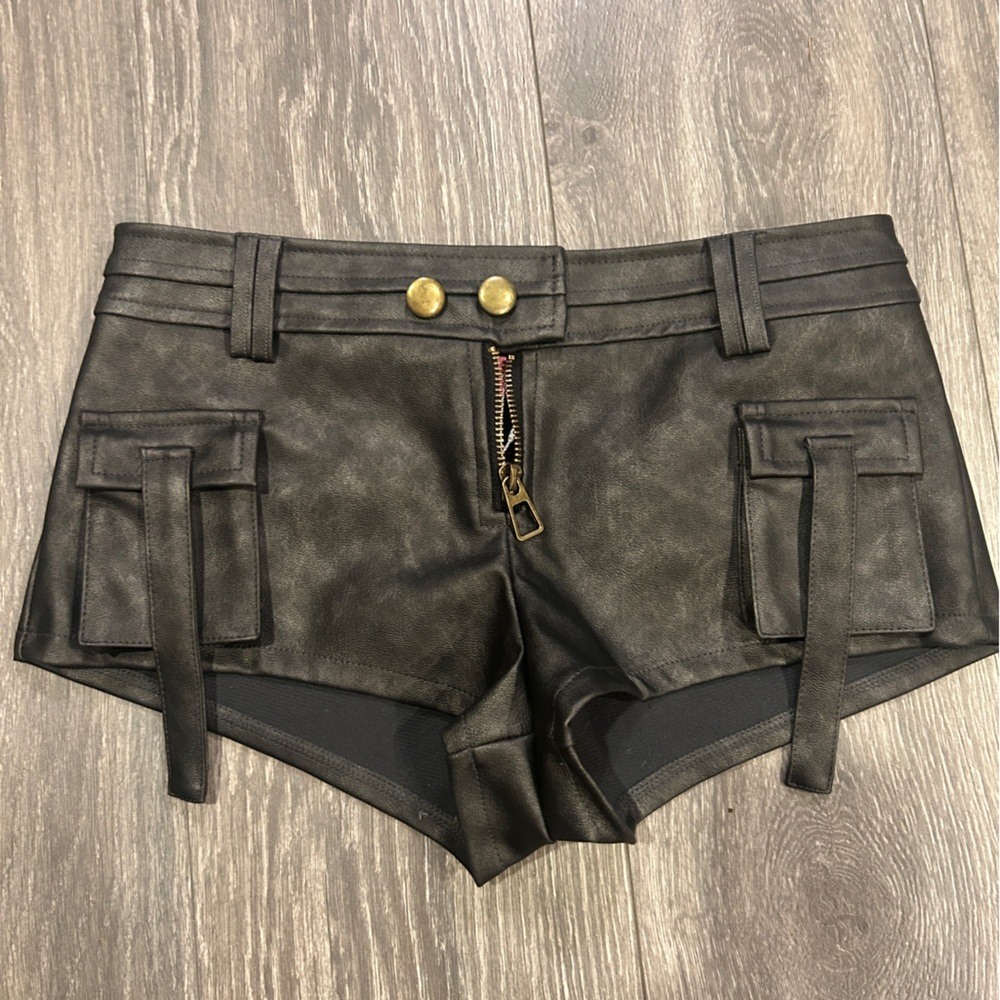 Edikted Black Faux Leather Mini Shorts with Gold Hardware Accents